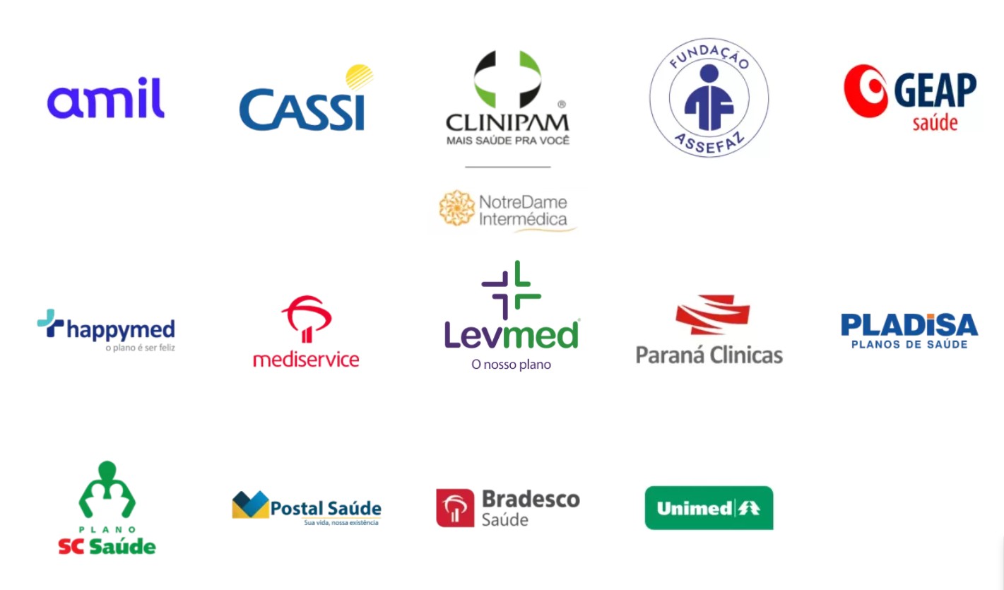 Logos dos convênios atendidos: Amil, Cassi, Clinipam, NotreDame Intermédica, Fundação Assefaz, GEAP Saúde, Happymed, Mediservice, Levmed, Paraná Clínicas, Pladisa, Plano SC Saúde, Postal Saúde, Bradesco Saúde e Unimed